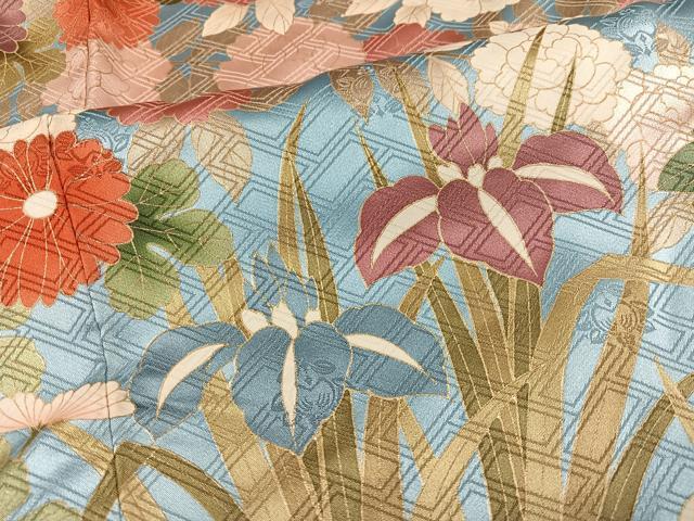 平和屋着物●十日町老舗ブランド　吉澤友禅　吾妻徳穂　振袖　駒刺繍　草花文　金彩　ロング丈　正絹　逸品　AABI3089ph