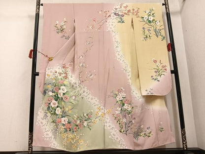 平和屋着物●豪華振袖　友禅　草花文　暈し染め　正絹　逸品　AABI3094ph