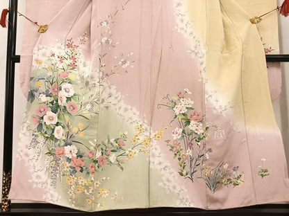 平和屋着物●豪華振袖　友禅　草花文　暈し染め　正絹　逸品　AABI3094ph