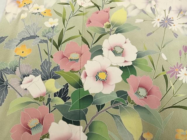 平和屋着物●豪華振袖　友禅　草花文　暈し染め　正絹　逸品　AABI3094ph