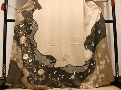 平和屋着物●訪問着　絞り　刺繍　枝花文　金彩　正絹　逸品　AABI3099ph