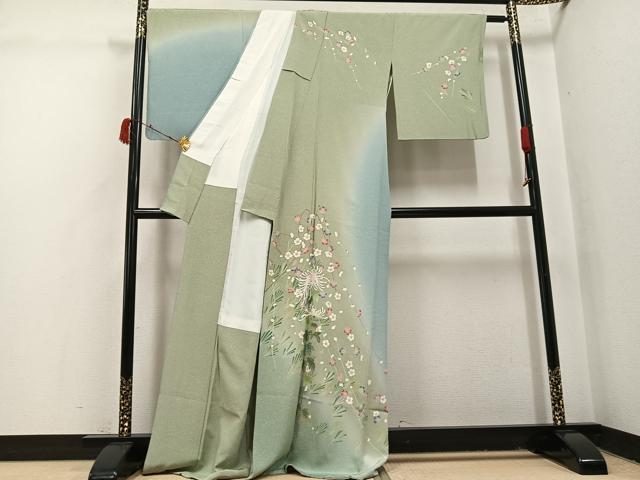 平和屋着物●訪問着　友禅　作家物　枝花文　暈し染め　ロング丈　正絹　逸品　AABI3100ph