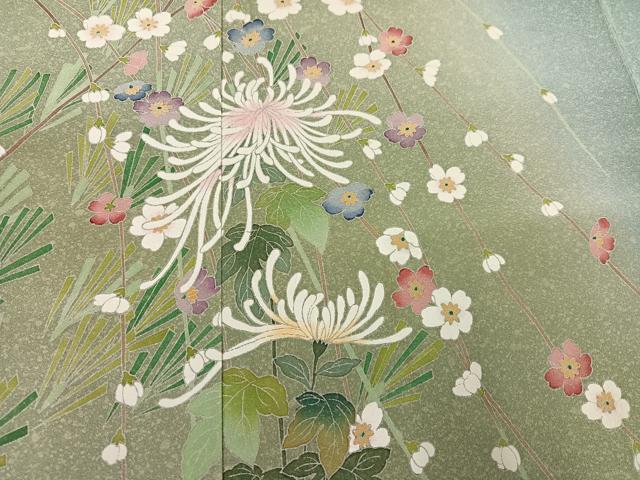 平和屋着物●訪問着　友禅　作家物　枝花文　暈し染め　ロング丈　正絹　逸品　AABI3100ph