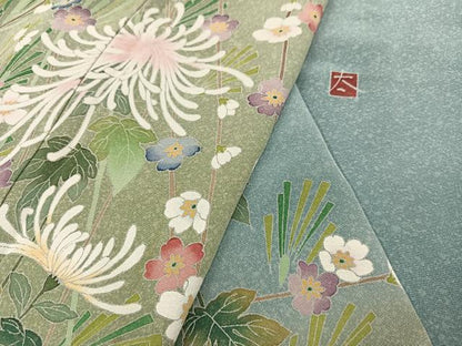 平和屋着物●訪問着　友禅　作家物　枝花文　暈し染め　ロング丈　正絹　逸品　AABI3100ph