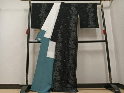 平和屋着物●結城紬　夜桜　黒地　やまと誂製　正絹　逸品　AABI3107ph