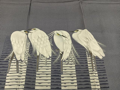 平和屋着物●東京友禅　菅有鬼一　訪問着　手描き　白鷺　金彩　正絹　逸品　未使用　AABI3117ph