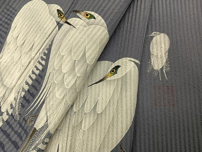 平和屋着物●東京友禅　菅有鬼一　訪問着　手描き　白鷺　金彩　正絹　逸品　未使用　AABI3117ph