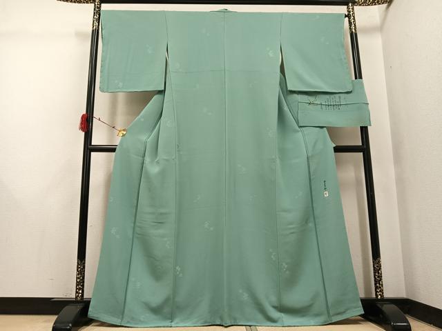 平和屋着物●本加賀友禅作家　柿本市郎　色無地　草花地紋　千草色　丹後ちりめん　反端付き　正絹　逸品　AABI3119ph