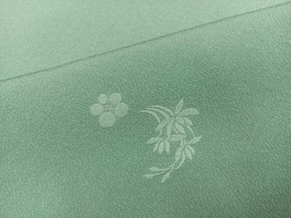 平和屋着物●本加賀友禅作家　柿本市郎　色無地　草花地紋　千草色　丹後ちりめん　反端付き　正絹　逸品　AABI3119ph