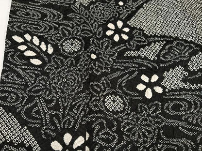 平和屋着物●訪問着　総絞り　流水草花文　黒地　正絹　逸品　AABI3120ph
