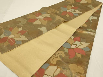 平和屋着物◎全通柄袋帯 花唐草文 金糸 正絹 逸品 未使用 AABI3121ou