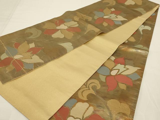 平和屋着物◎全通柄袋帯 花唐草文 金糸 正絹 逸品 未使用 AABI3121ou