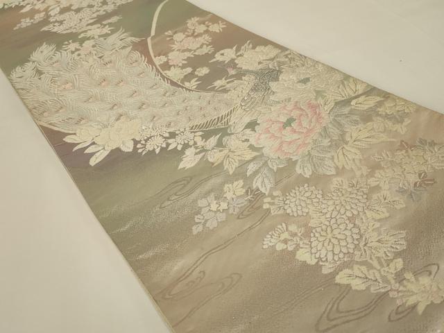 平和屋着物◎六通柄袋帯　唐織　孔雀花文　銀糸　正絹　逸品　AABI3141ou