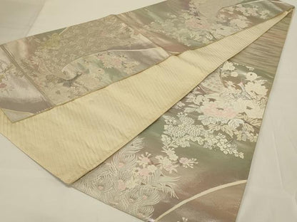平和屋着物◎六通柄袋帯　唐織　孔雀花文　銀糸　正絹　逸品　AABI3141ou