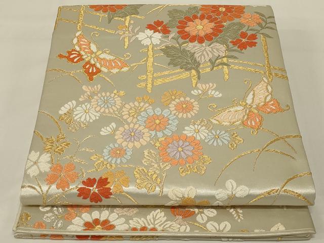 平和屋着物◎六通柄袋帯　唐織　花蝶文　銀糸　正絹　逸品　AABI0920yx 平和屋着物◎六通柄袋帯 唐織 花蝶文 金銀糸 正絹 逸品