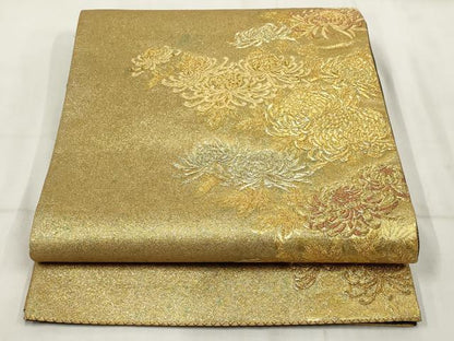 平和屋着物▼西陣 高島織物謹製 六通柄袋帯 草花文 青銅箔 金糸 正絹 逸品 AABI3169wj