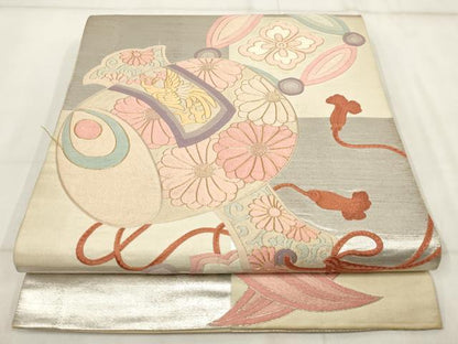 平和屋着物▼アンティーク 大正ロマン 総刺繍 丸帯 花鳥文 金銀糸 正絹 逸品 AABI3182wj