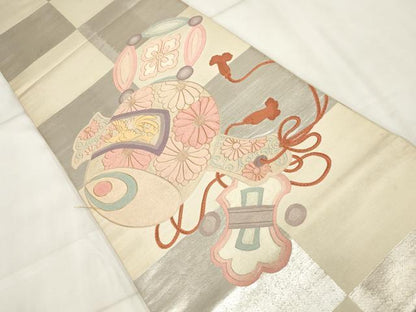平和屋着物▼アンティーク 大正ロマン 総刺繍 丸帯 花鳥文 金銀糸 正絹 逸品 AABI3182wj