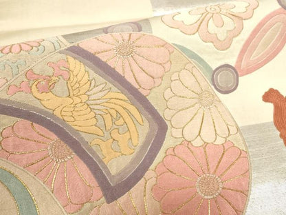 平和屋着物▼アンティーク 大正ロマン 総刺繍 丸帯 花鳥文 金銀糸 正絹 逸品 AABI3182wj