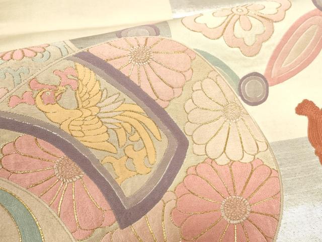 平和屋着物▼アンティーク 大正ロマン 総刺繍 丸帯 花鳥文 金銀糸 正絹 逸品 AABI3182wj