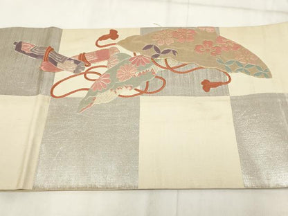 平和屋着物▼アンティーク 大正ロマン 総刺繍 丸帯 花鳥文 金銀糸 正絹 逸品 AABI3182wj