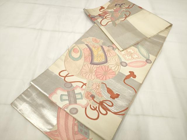 平和屋着物▼アンティーク 大正ロマン 総刺繍 丸帯 花鳥文 金銀糸 正絹 逸品 AABI3182wj