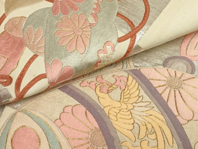 平和屋着物▼アンティーク 大正ロマン 総刺繍 丸帯 花鳥文 金銀糸 正絹 逸品 AABI3182wj