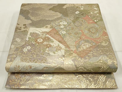 平和屋着物▼六通柄袋帯 扇絵四季草花文 金銀糸 正絹 逸品 AABI3198wj
