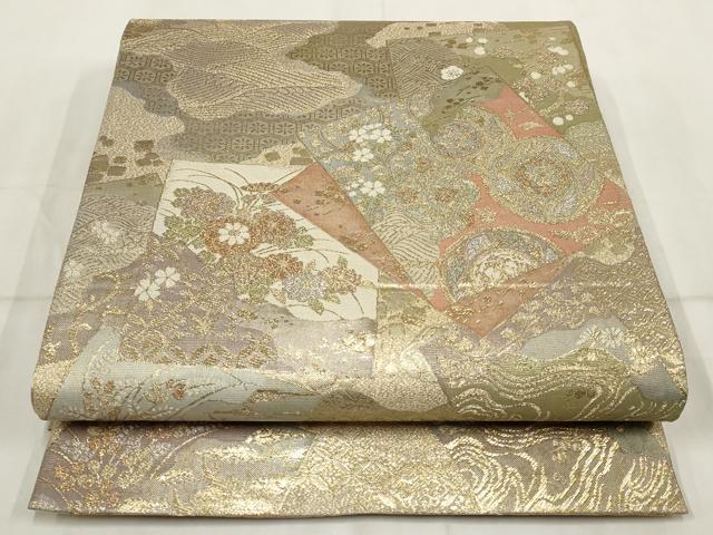 平和屋着物▼六通柄袋帯 扇絵四季草花文 金銀糸 正絹 逸品 AABI3198wj