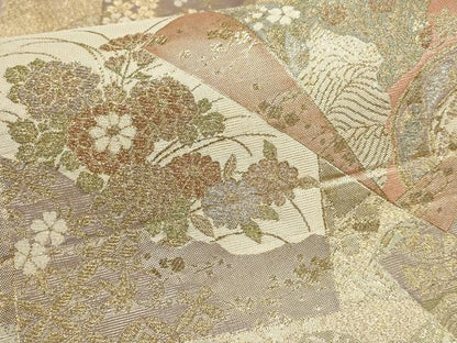 平和屋着物▼六通柄袋帯 扇絵四季草花文 金銀糸 正絹 逸品 AABI3198wj