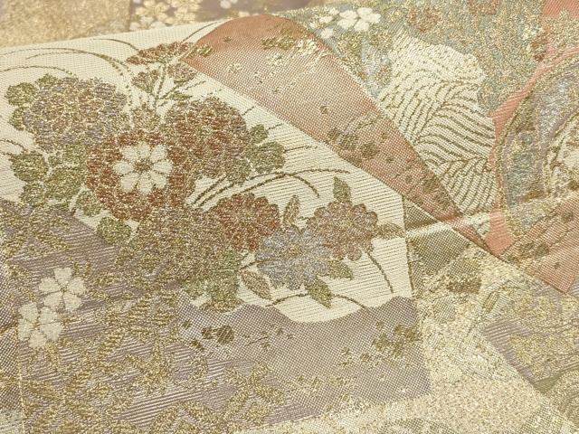 平和屋着物▼六通柄袋帯 扇絵四季草花文 金銀糸 正絹 逸品 AABI3198wj