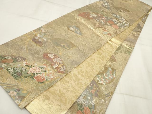 平和屋着物▼六通柄袋帯 扇絵四季草花文 金銀糸 正絹 逸品 AABI3198wj