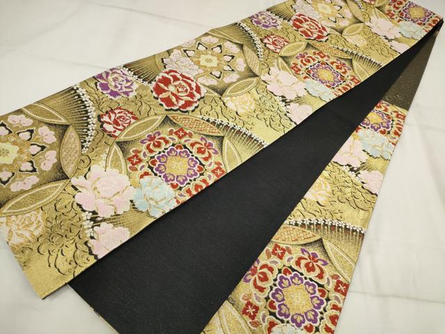 平和屋着物●六通柄　本袋帯　亀甲草花丸文　黒地　金糸　引箔　正絹　逸品　DAAT7654ob 平和屋着物○六通柄 本袋帯 亀甲草花丸文 黒地 金糸 引箔 正絹 逸品