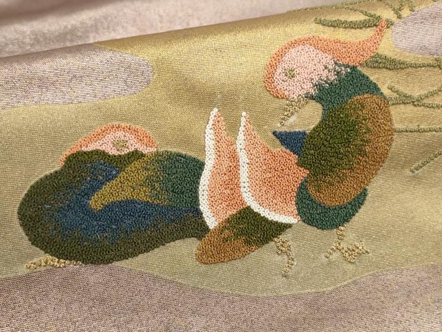 平和屋着物▼中国三大刺繍　相良刺繍　九寸名古屋帯　鴛鴦　金彩　正絹　逸品　AABI3289wj