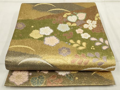 平和屋着物▼太鼓柄袋帯 辻が花 草花文 金糸 正絹 逸品 AABI3312wj