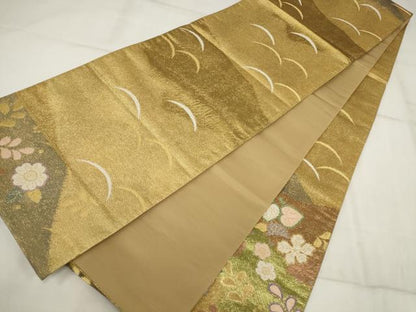 平和屋着物▼太鼓柄袋帯 辻が花 草花文 金糸 正絹 逸品 AABI3312wj