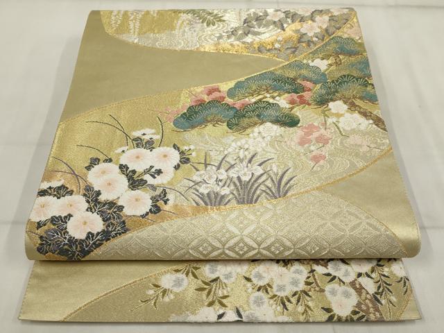 平和屋着物▼六通柄袋帯　秀花絵巻文様　金銀糸　正絹　逸品　AABI3313wj