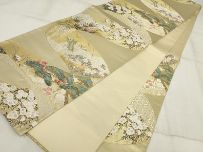 平和屋着物▼六通柄袋帯　秀花絵巻文様　金銀糸　正絹　逸品　AABI3313wj