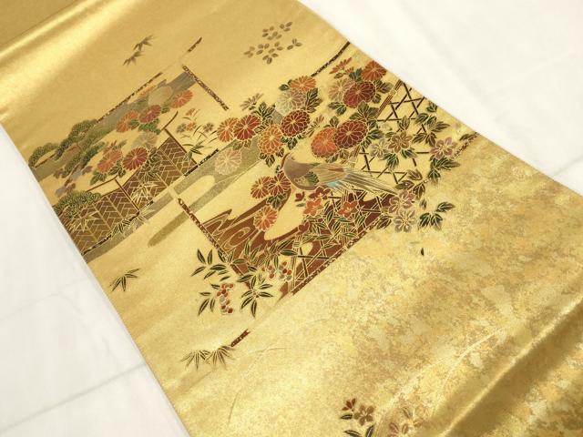 平和屋着物▼漆工芸作家 金森一博 太鼓柄袋帯 花鳥文 金彩 正絹 逸品 AABI3324wj