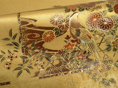 平和屋着物▼漆工芸作家 金森一博 太鼓柄袋帯 花鳥文 金彩 正絹 逸品 AABI3324wj