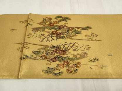 平和屋着物▼漆工芸作家 金森一博 太鼓柄袋帯 花鳥文 金彩 正絹 逸品 AABI3324wj