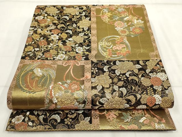 平和屋着物▼六通柄袋帯 草花文 黒地 金銀糸 正絹 逸品 AABI3359wj