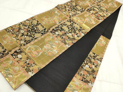 平和屋着物▼六通柄袋帯 草花文 黒地 金銀糸 正絹 逸品 AABI3359wj