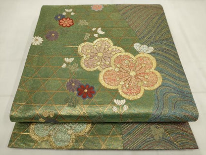 平和屋着物▼六通柄袋帯 流水草花文 金糸 正絹 逸品 AABI3360wj
