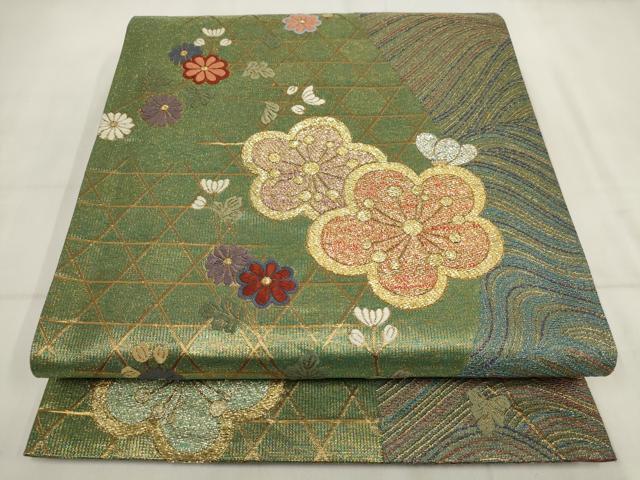 平和屋着物▼六通柄袋帯 流水草花文 金糸 正絹 逸品 AABI3360wj