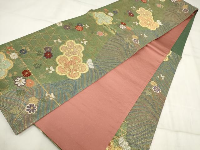 平和屋着物▼六通柄袋帯 流水草花文 金糸 正絹 逸品 AABI3360wj