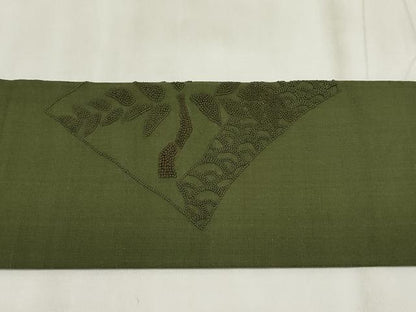 平和屋着物▼中国三大刺繍　相良刺繍　九寸名古屋帯　紬地　草葉文　正絹　逸品　AABI3390wj