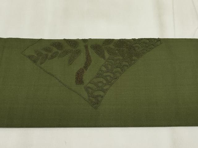 平和屋着物▼中国三大刺繍　相良刺繍　九寸名古屋帯　紬地　草葉文　正絹　逸品　AABI3390wj
