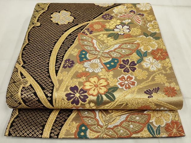 平和屋着物▼六通柄袋帯 花蝶文 黒地 金糸 正絹 逸品 AABI3393wj