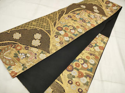 平和屋着物▼六通柄袋帯 花蝶文 黒地 金糸 正絹 逸品 AABI3393wj